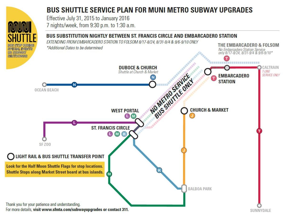 Muni Metro subway bus shuttle service map showing routes between St. Francis Circle, Embarcadero Station, and surrounding stops during transit upgrades.