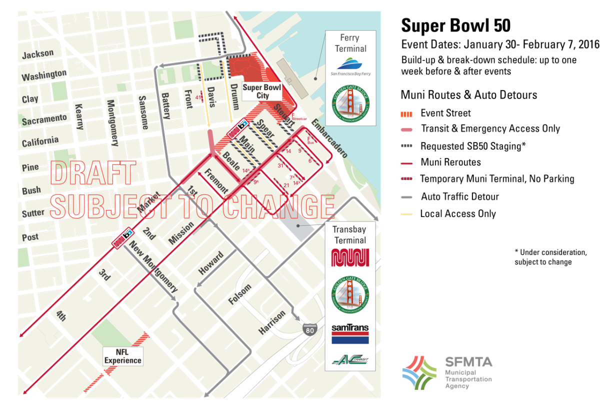Downtown San Francisco street map showing Super Bowl 50 event areas, street closures, and transit terminals in red.