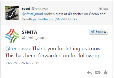 Twitter exchange between rider and SFMTA about broken glass at 49 Route shelter on Ocean and Howth.