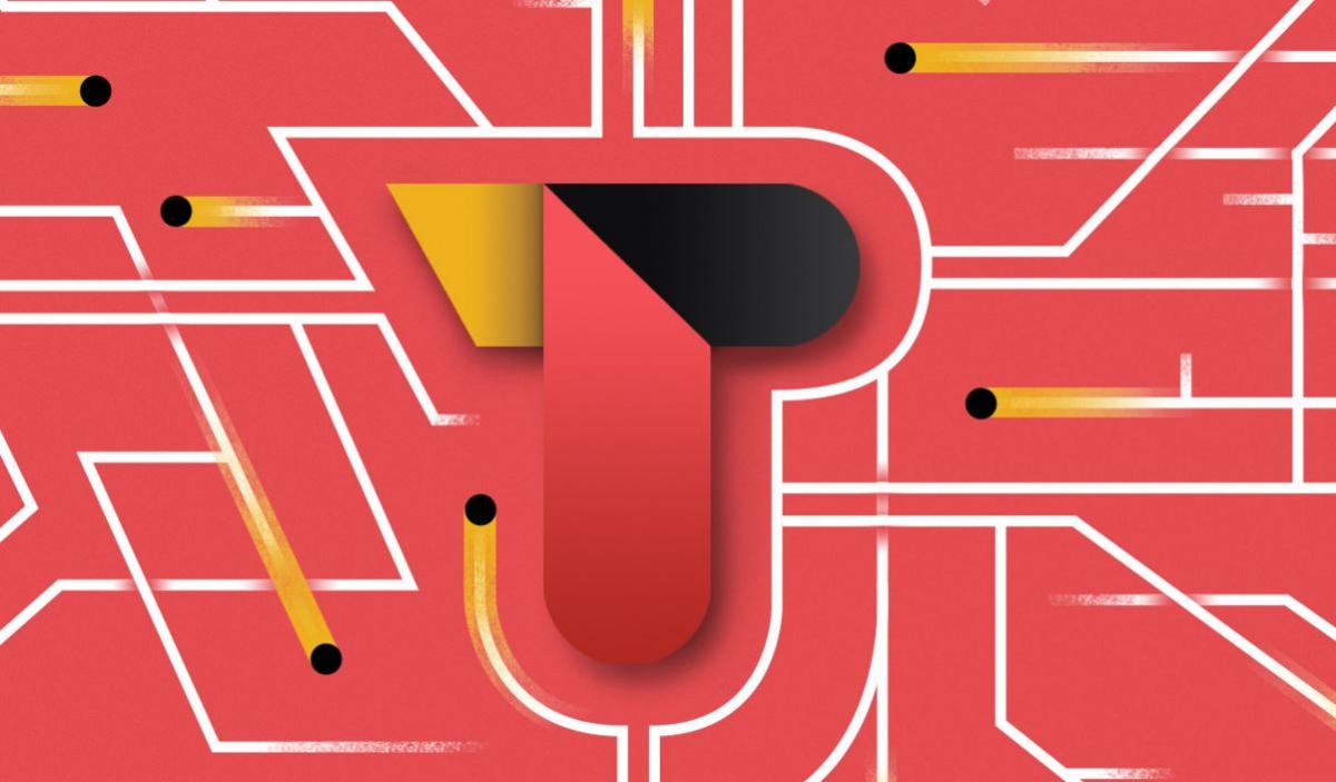 Stylized letter T with circuit board pattern, yellow and black accents, and animated dots on red background.