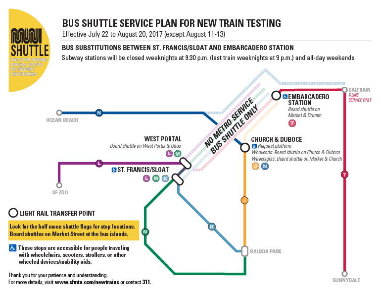 BART and Muni bus shuttle service map showing temporary routes between St. Francis/SLOAT and Embarcadero Station during train testing July-August 2017.