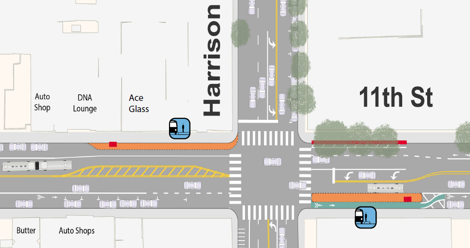 Map showing transit bulb and island design at 11th Street and Harrison with bike lane.