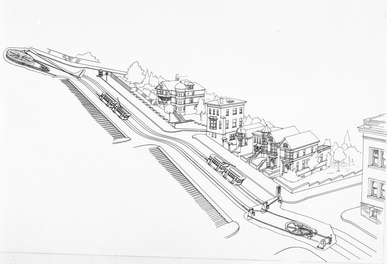 Architectural drawing of Fillmore Hill counterbalance cable car system with Victorian buildings and dual track lines, circa 1915.