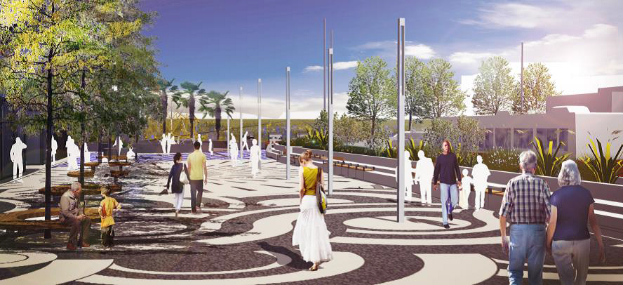Rendering of Unity Plaza with wavy patterned paving, light poles, trees, and pedestrians walking through the space.