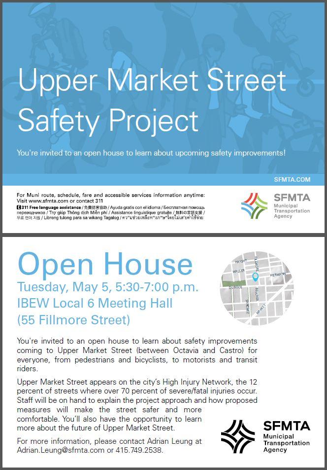Upper Market Street Safety Project open house flyer for May 5 at IBEW Local 6 Meeting Hall, featuring SFMTA details and a map.