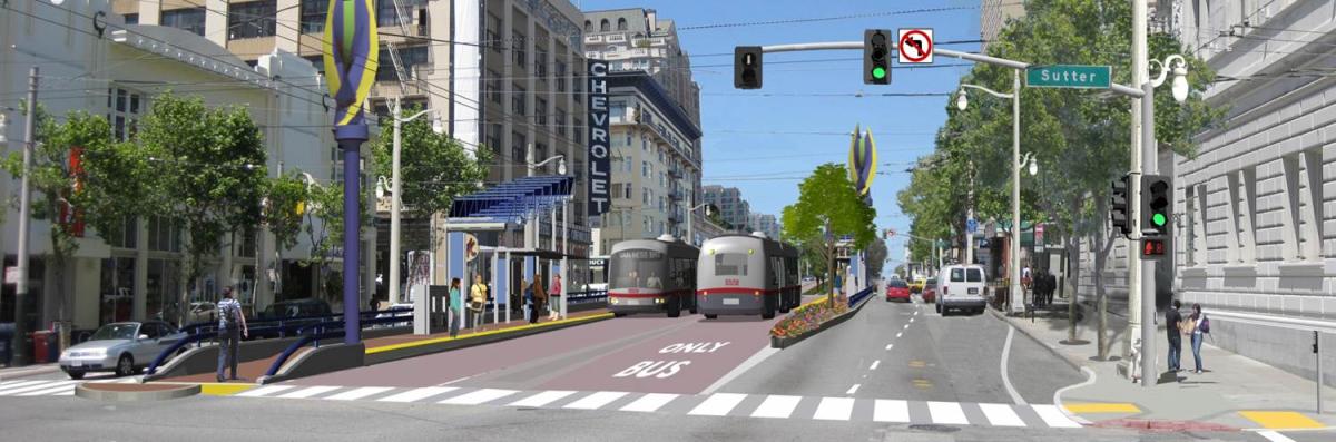 Van Ness Avenue rendering showing proposed bus rapid transit lane with traffic signals and pedestrian crossings.