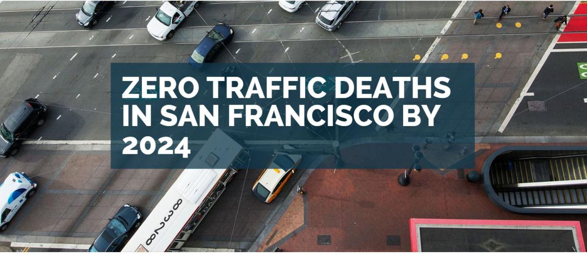 Aerial view of San Francisco street intersection with vehicles and pedestrians, overlaid with "Zero Traffic Deaths in San Francisco by 2024" text.