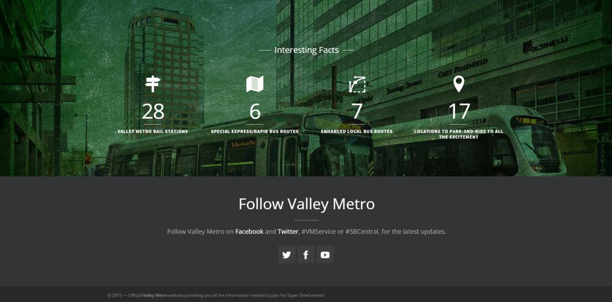 Valley Metro bus on urban street with green overlay displaying transit statistics and facts.