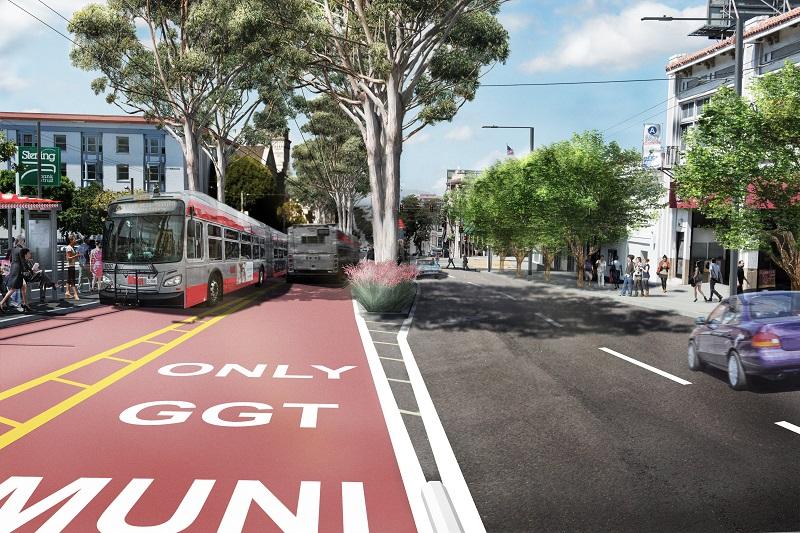 Red and white bus-only lane on Van Ness Avenue with transit vehicle, trees, and pedestrians visible.