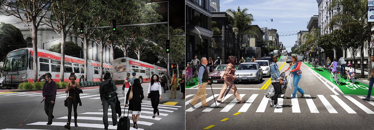Renderings of redesigned Van Ness Avenue and Polk Street with transit lanes, wider sidewalks, and pedestrians crossing.