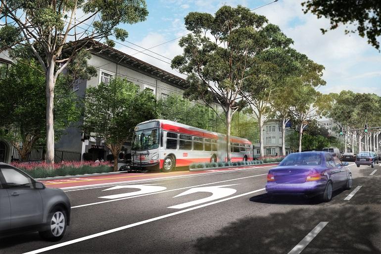 Red and white bus traveling northbound on Van Ness Avenue with cars and trees lining the street.