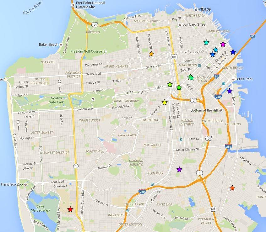 Map of San Francisco showing 15 Walk to Work Day hub locations marked with colored stars throughout the city.