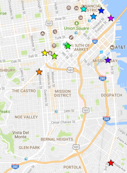 Map of San Francisco showing Walk to Work Day hub locations marked with colored stars throughout the city.