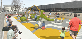 Children play on a colorful yellow play structure with a slide in an urban park setting.