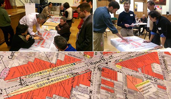 Community members review transit safety plans at Upper Market Street workshop.