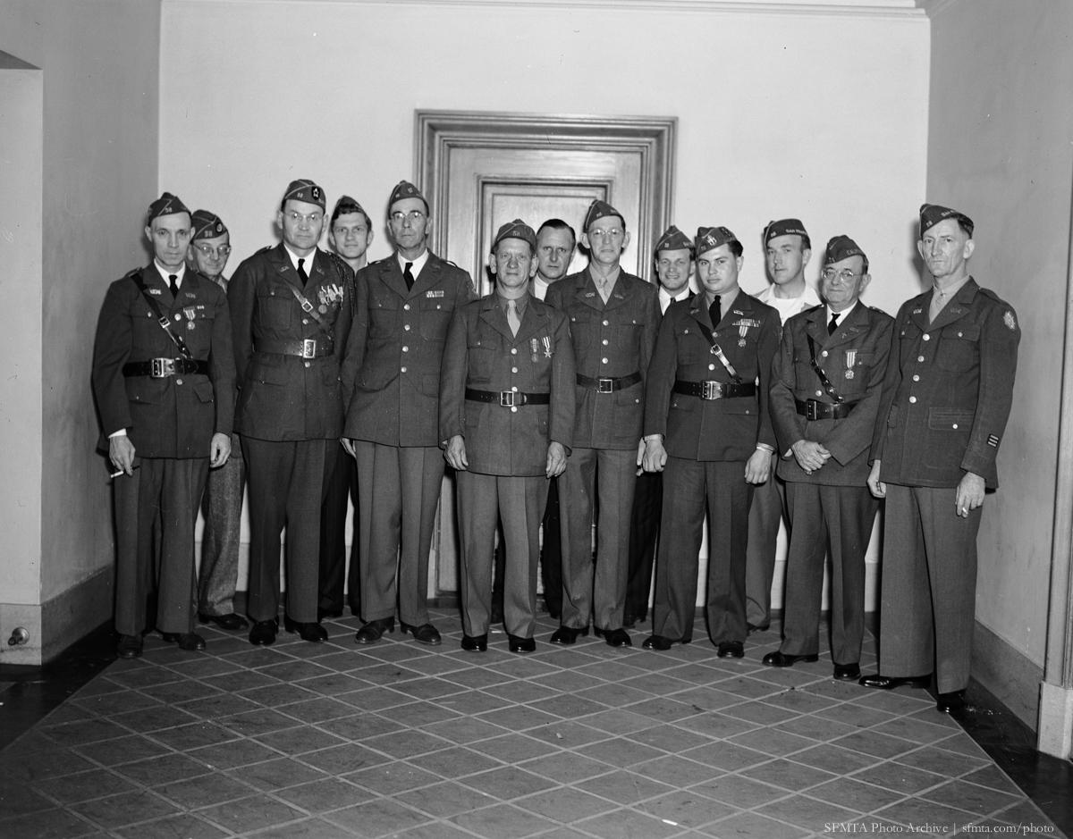 Group of uniformed Muni employees at Veterans of Foreign Wars installation, April 18, 1947.