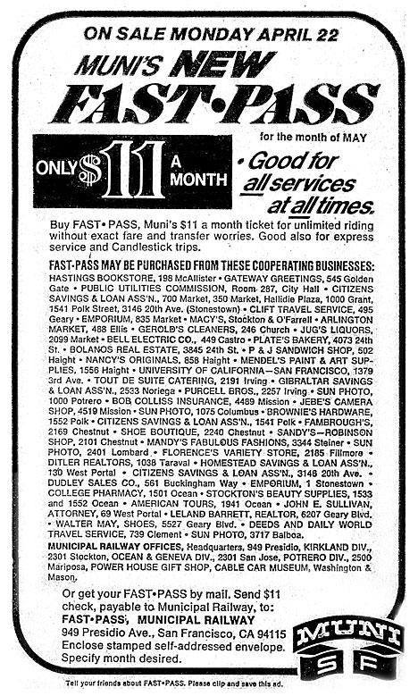 1980s Muni Fast Pass advertisement offering unlimited monthly transit rides for $11, valid at participating businesses throughout San Francisco.
