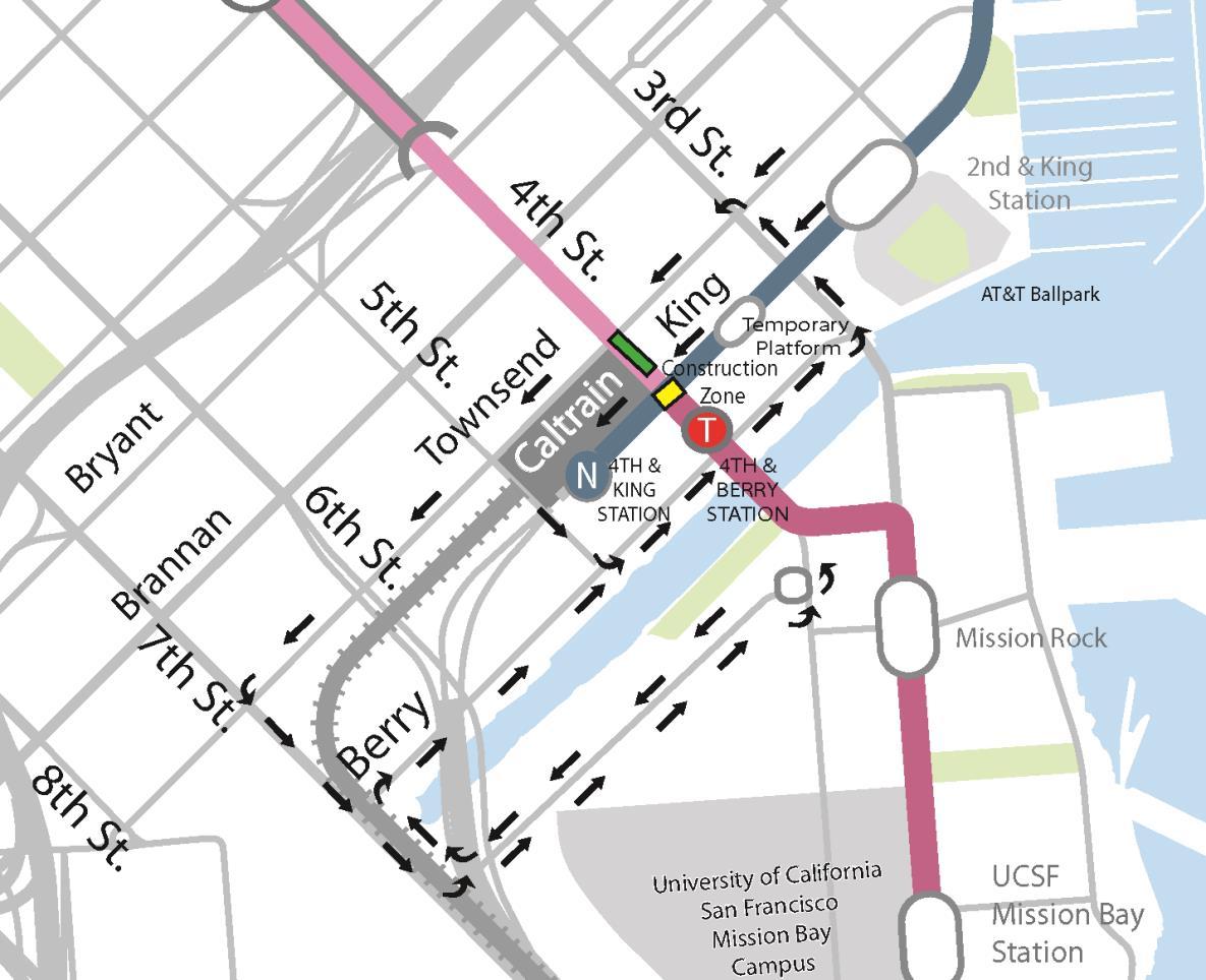 Map showing Muni transit detours at 4th and King streets during Labor Day weekend construction.