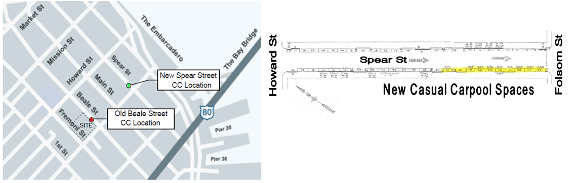 Map showing carpool location moved from Old Beale Street to New Spear Street near Highway 101, with street diagrams indicating casual carpool spaces.