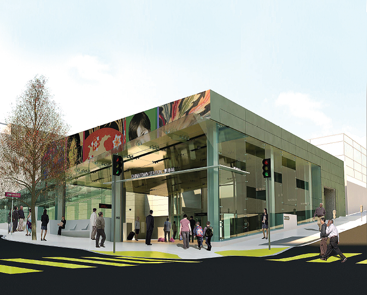 Rendering of future Muni Chinatown Station with modern green glass facade and colorful artwork panels above entrance.