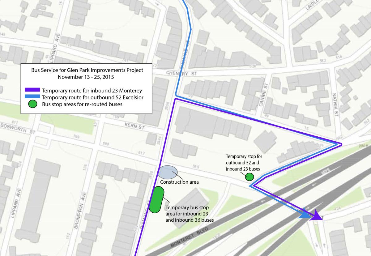 Map showing temporary bus routes and stops for Glen Park Improvements Project, November 13-25, 2015.