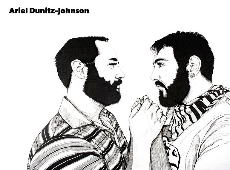 Two bearded men facing each other with hands clasped, black and white line drawing illustration.