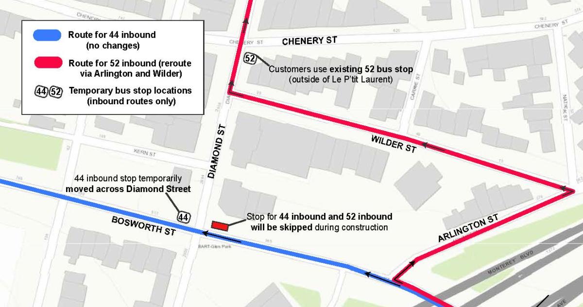Map showing temporary bus route changes for routes 44 and 52 near Glen Park during construction, March 21-April 15.