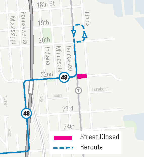 Map showing Route 48 reroute around street closure near 22nd and Mission streets.