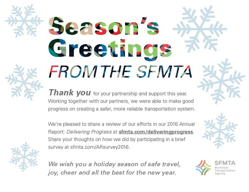 SFMTA Season's Greetings holiday card with snowflakes thanking partners for supporting safer transportation.