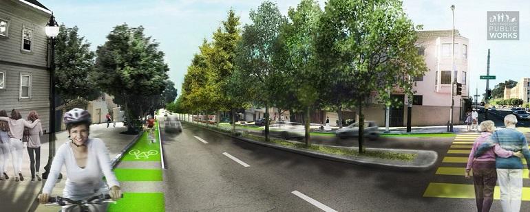 Street rendering showing green bike lane, pedestrians, and trees along Masonic Avenue