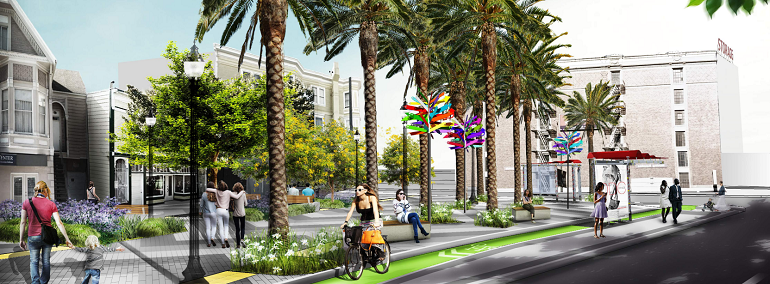 Rendering of tree-lined street with protected bike lane, pedestrians, and colorful banners on buildings.