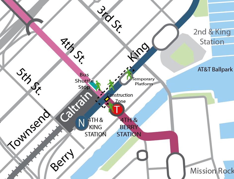 Muni transit map showing Caltrain, N, and T lines with stations at 4th & King, 4th & Berry, and 2nd & King, plus bus shuttle stop and construction zone.