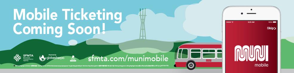 MuniMobile app coming soon promotional graphic with transit bus and phone interface