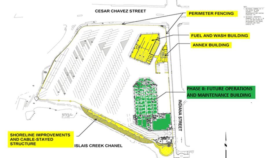 Site plan showing parking, buildings, and Islais Creek Channel improvements along Cesar Chavez Street.