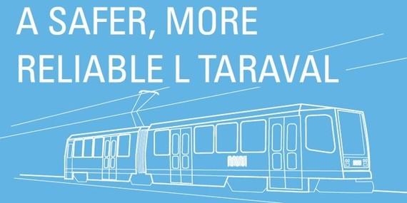Light rail vehicle illustration with text "A Safer, More Reliable L Taraval" on blue background