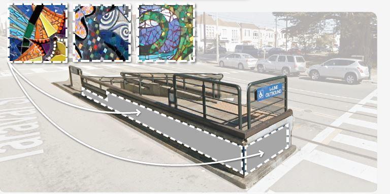 Transit shelter with metal railings on boarding island with colorful art design options displayed above.