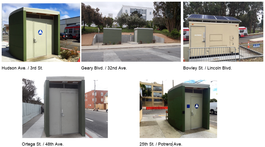 Five transit restroom facilities at different locations showing green and tan colored structures with doors and solar panels.