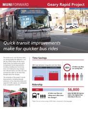 Geary Rapid Project newsletter front page featuring bus transit improvements and ridership statistics.