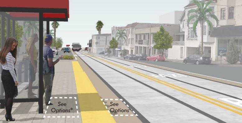Rendering of transit station platform with passengers waiting at shelter beside yellow tactile boarding island and rail tracks.