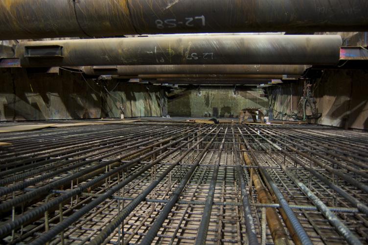 Rebar grid installed in underground launch box beneath 4th Street for Central Subway construction.