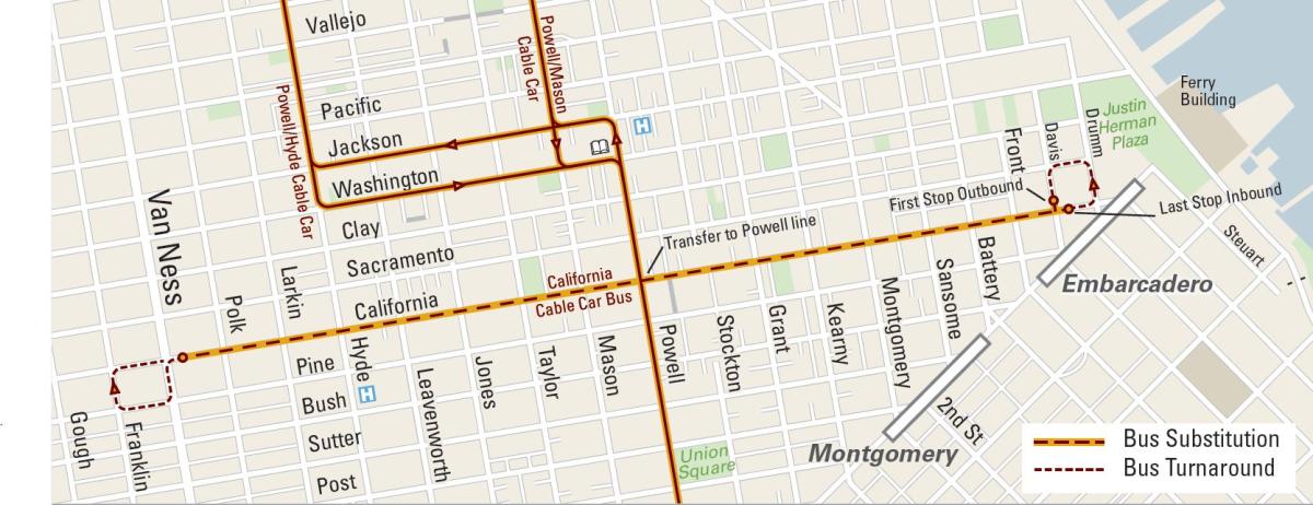 Map showing California Shuttle bus substitution routes in downtown San Francisco with orange lines indicating service paths and street names labeled.