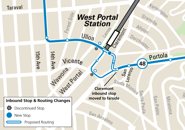 48 bus route map showing proposed routing changes near West Portal Station, with new stops and discontinued stops marked.