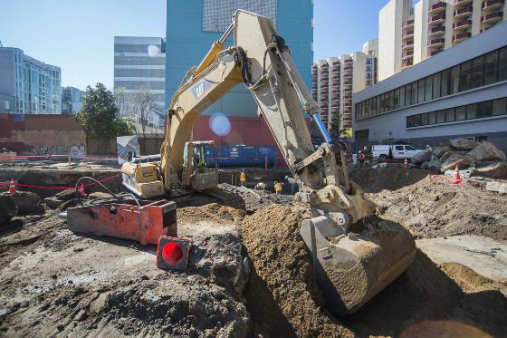 Excavator digs foundation for Yerba Buena/Moscone Station at 4th and Clementina streets in San Francisco.