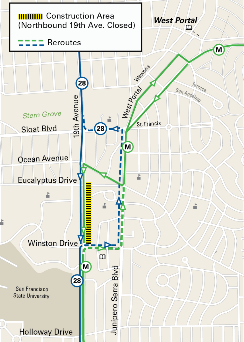 Map showing bus reroutes on 19th Avenue during construction closure between Eucalyptus Drive and Winston Drive.