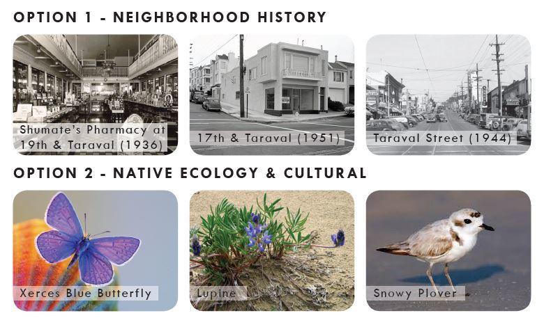 Two design options for bus shelters: Option 1 shows historical neighborhood photos from 1936-1951; Option 2 displays native ecology including butterflies, plants, and birds.