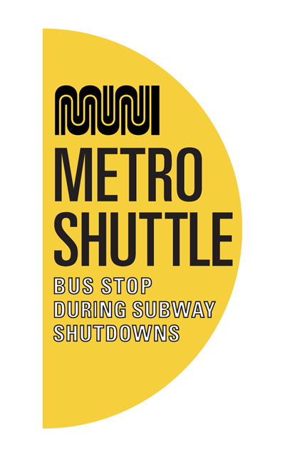Metro Shuttle yellow half-moon sign indicating bus stop during subway shutdowns