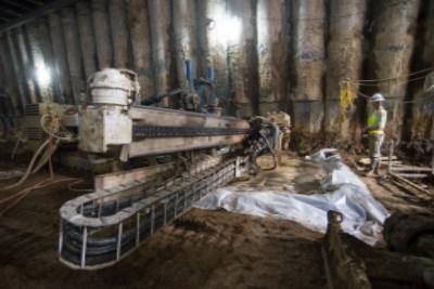Drill rig equipment inside underground station box for soil improvement work