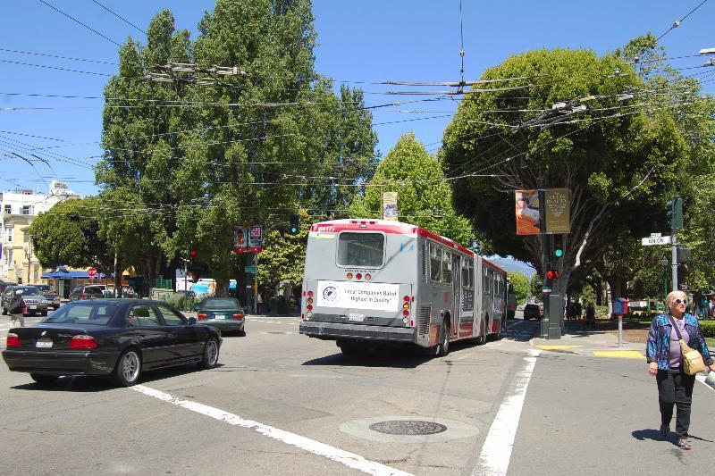Red and white transit bus on tree-lined street with cars and pedestrians at urban intersection.