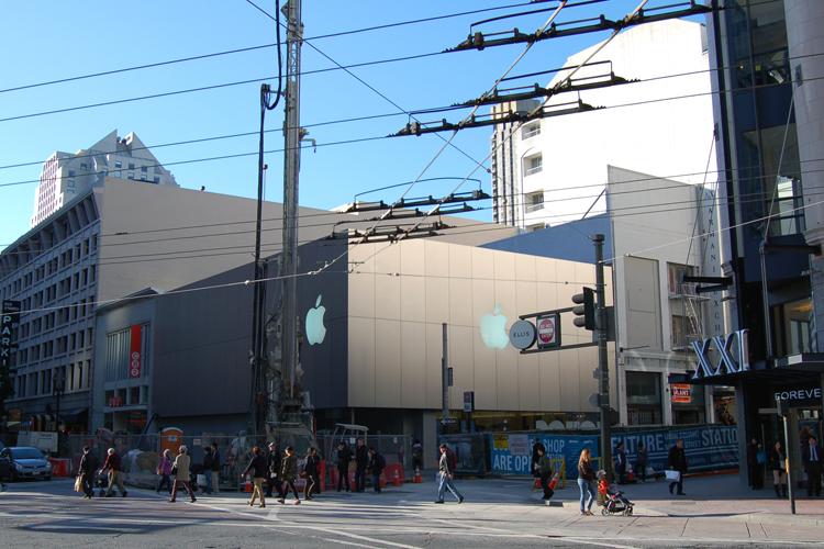 Apple Store at Union Square Stockton with pedestrians and street-level retail storefronts