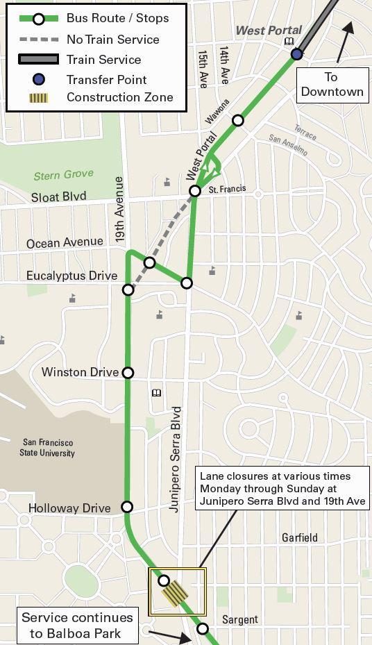 M Line bus route map showing stops from West Portal to Balboa Park with construction zone at Junipero Serra Boulevard and 19th Avenue.